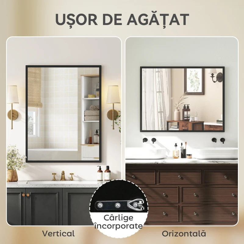 HOMCOM Oglindă de Perete din Sticlă și MDF, cu Cârlige, 70 x 90 cm, Negru