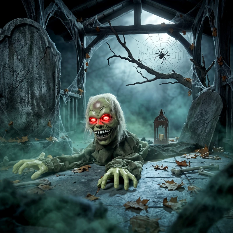 HOMCOM Halloween Decoration Halloween Animatronic Crawling Zombie with Light-Up Eyes and Creepy Sound