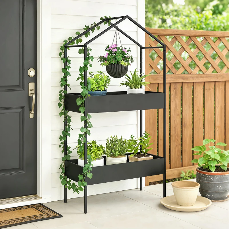 Outsunny 2 Tier Plant Stand, Outdoor Indoor Metal Plant Stand with Hook, House-Shaped Pots Holder Display Rack, Black