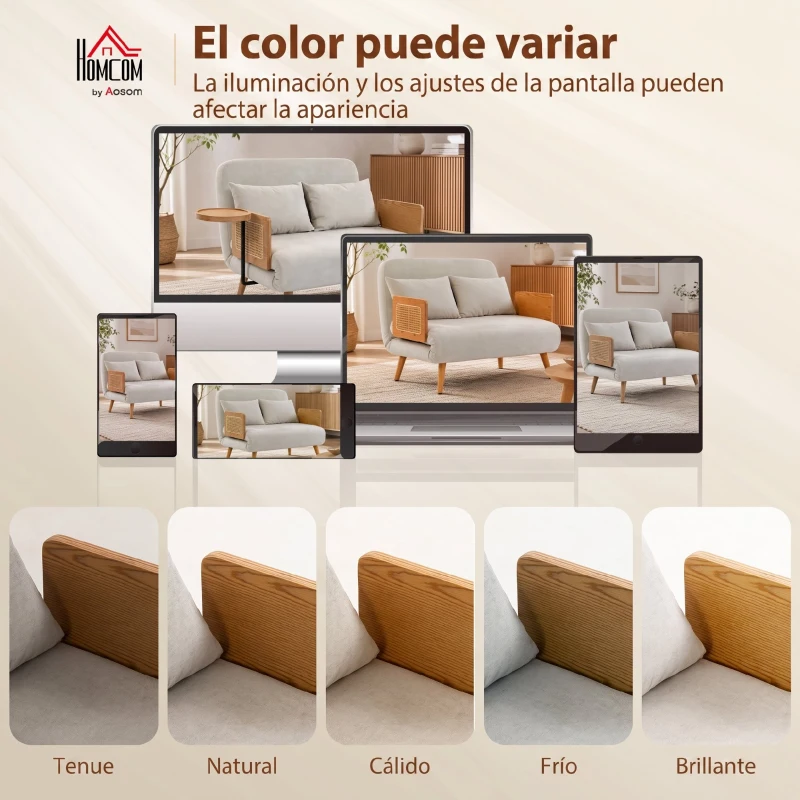 HOMCOM Sofá Cama 2 Plazas Convertible 3 en 1 Tapizado en Chenilla con Respaldo Ajustable Mesa Lateral 2 Almohadas Blanco Crema