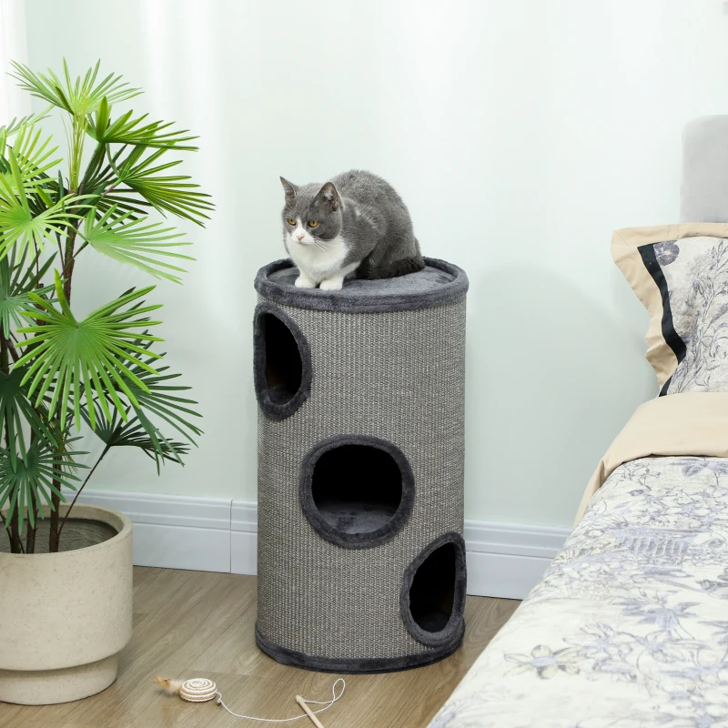 PawHut Tonneau à gratter pour chat, tour à griffer en sisal à 3 niveaux recouvert de peluche, Ø 38 x 70 cm, gris clair