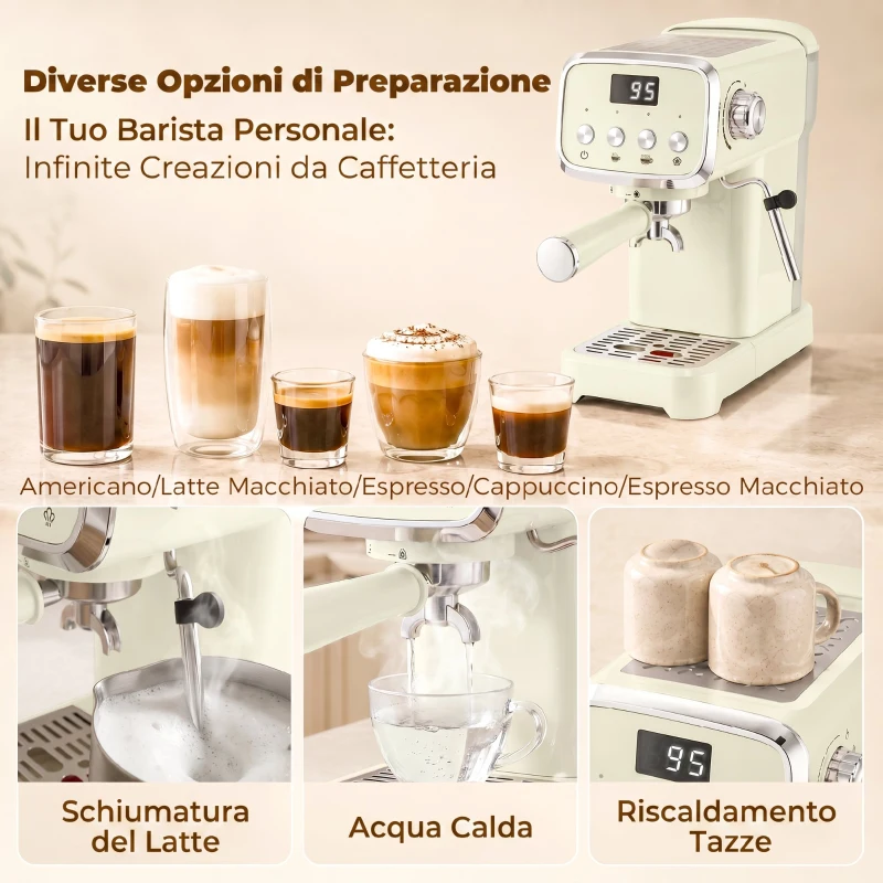HOMCOM Macchina Caffè Espresso Semiautomatica 20 Bar 1350W, Lancia Montalatte, 1 o 2 Tazze, Acqua Calda, Scaldatazze