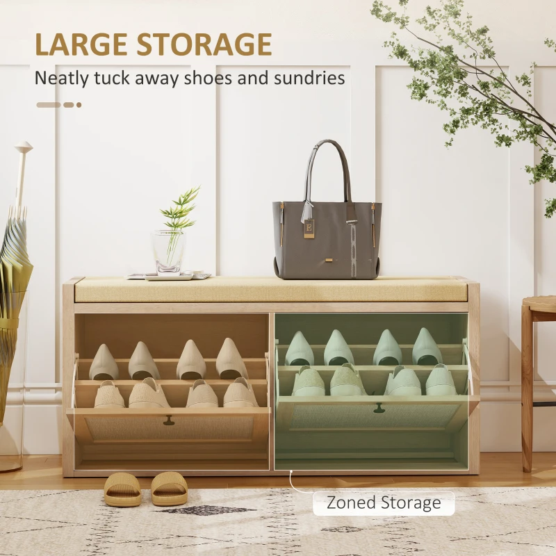 HOMCOM Rattan Shoe Bench with Padded Cushion and 2 Cabinets for Hidden Storage, Oak Wood Effect
