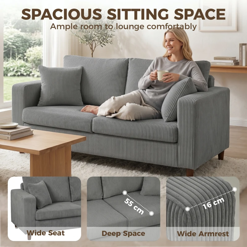 HOMCOM Loveseat Sofa with Wide Seat, Corduroy 2 Seater Couch with Deep Seat, Spring Cushion, Light Grey