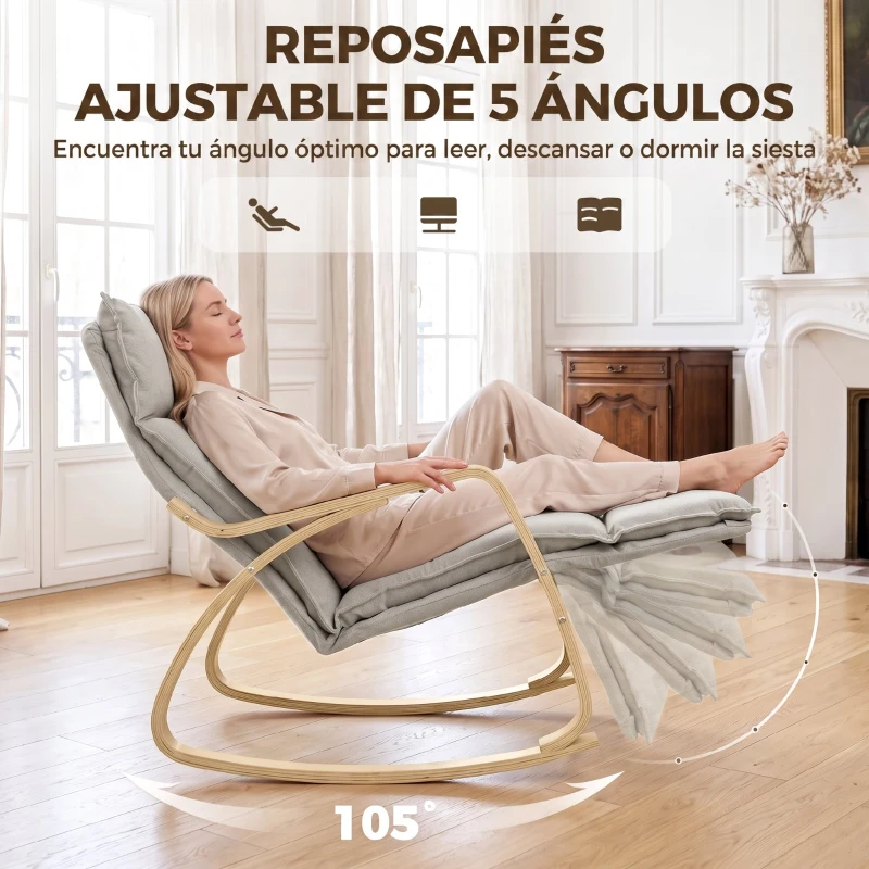 HOMCOM Silla Mecedora con Reposapiés Ajustable en 5 Posiciones Reposabrazos de Madera Acolchado Doble Capa Gris Claro