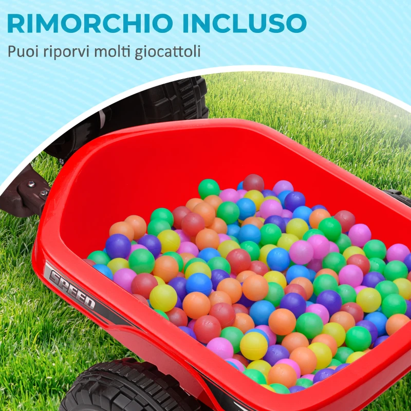 HOMCOM Quad Elettrico per Bambini con Rimorchio, Pedale, Marce Avanti e Indietro, 2.5 km/h, per 18-36 Mesi, Rosso