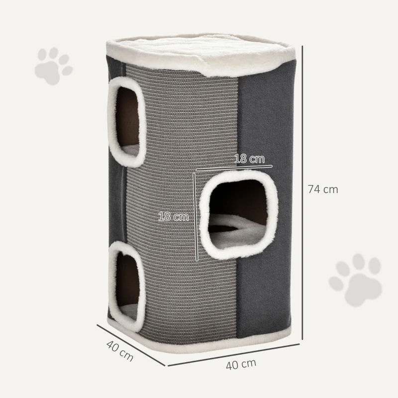 PawHut Tonneau à Gratter pour Chat 3 Niveaux en Peluche et Sisal, 3 Zones, 2 Grands Trous Interconnectés, 40x40x74cm, Gris