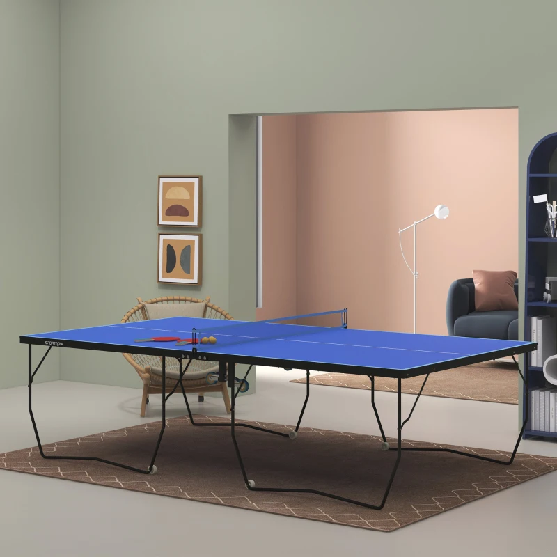 SPORTNOW 9FT Folding Tennis Table, with 8 Wheels, for Indoor Use, Blue