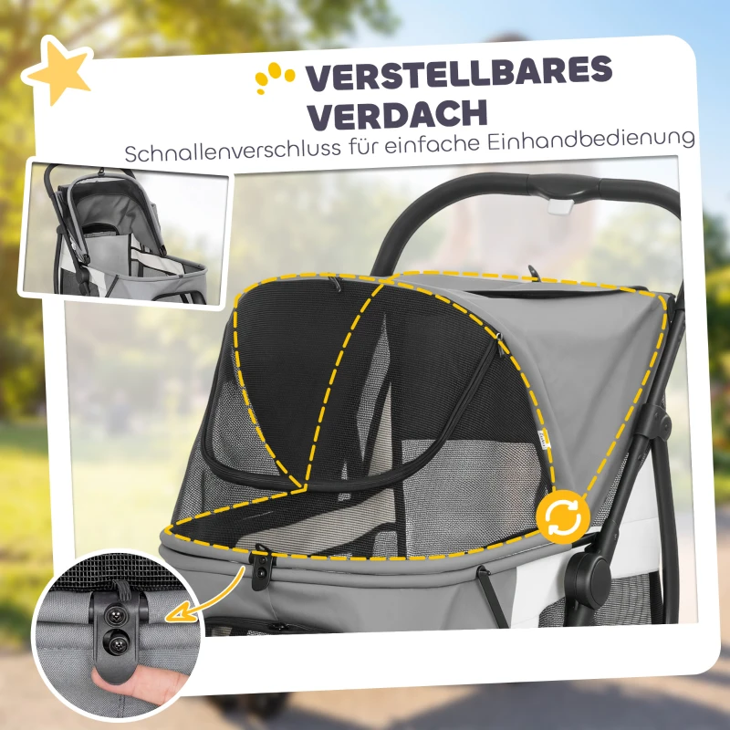 PawHut Hondenwagen inklapbaar huisdierenbuggy met wasbaar kussen, gaasvensters, 3 wielen, voor middelgrote honden tot 20 kg, grijs