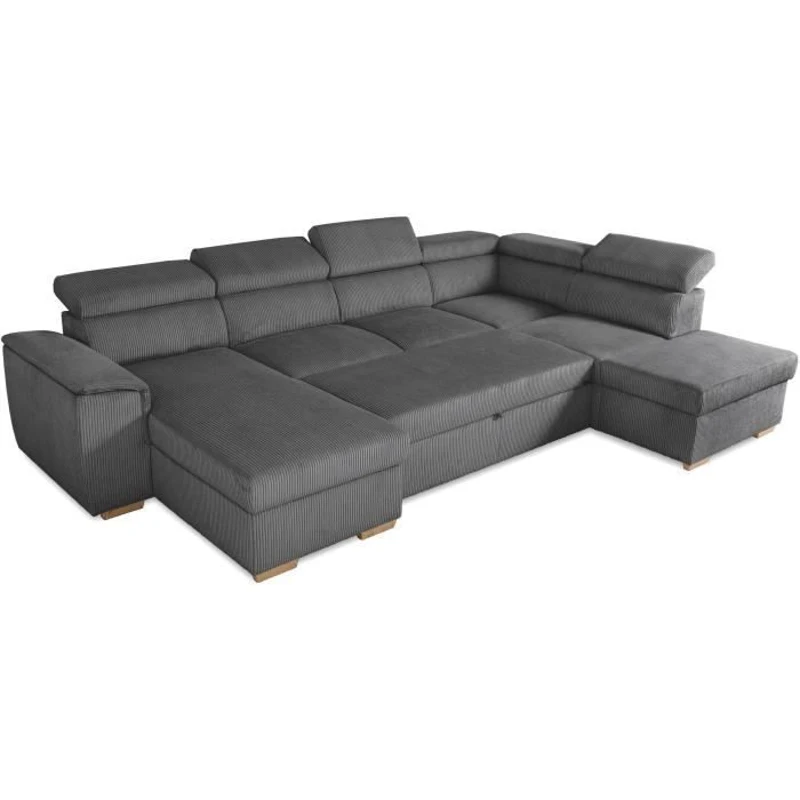 Canapé d'angle convertible panoramique 5 a 6 places DAYTONA - Velours côtelé anthracite - Avec coffre - L 326 x H 94 x P 216 cm