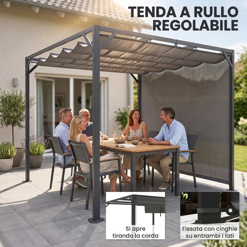 Outsunny Gazebo Pergola Retrattile 3x3 m con Tenda a Rullo e Fori di Drenaggio, in Acciaio e Poliestere Grigio Scuro
