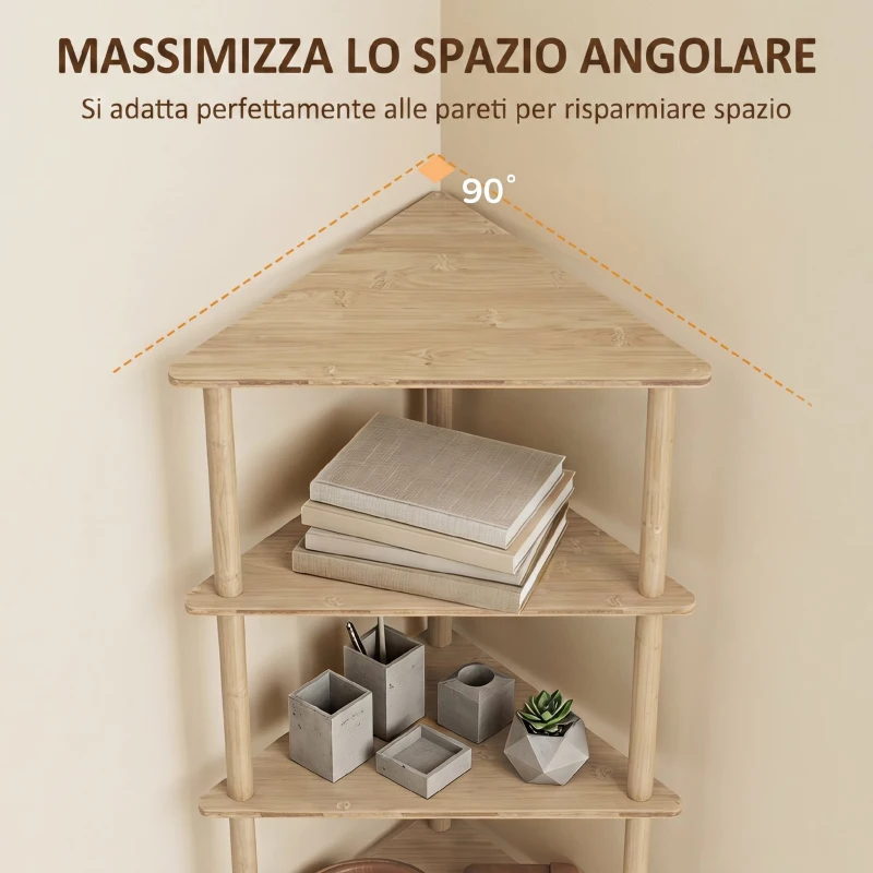 HOMCOM Scaffale Angolare a 5 Ripiani in Bambù, 41.5x21.5x114 cm, Legno