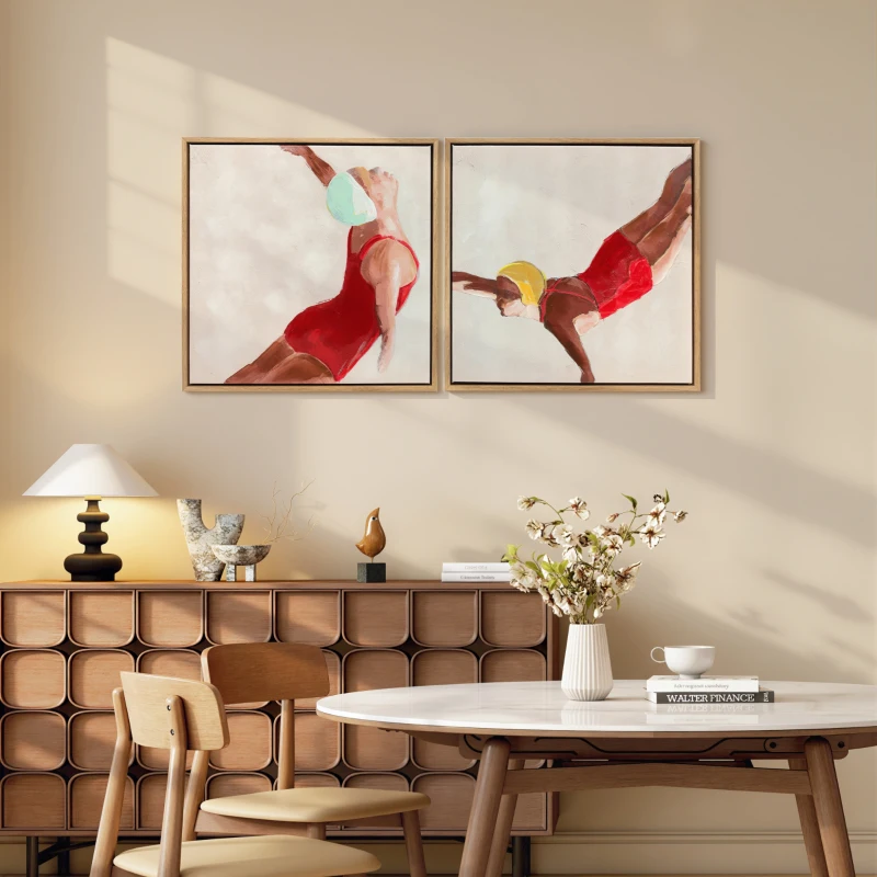 HOMCOM Cuadros en Lienzo Figuras Dinámicas a Mano 40x40 cm 2 Piezas Cuadros de Arte de Pared Enmarcados Rojo