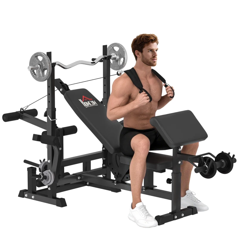 HOMCOM Bancă de Fitness Reglabilă cu Suport pentru Halteră, din Oțel și PU, 210x110x103-123 cm, Negru