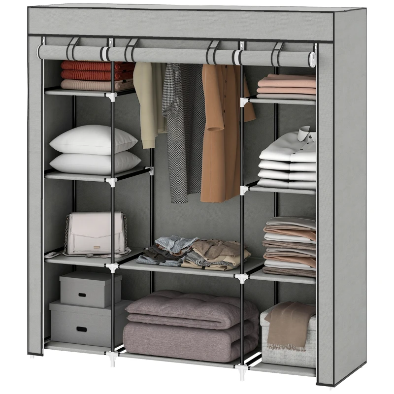 HOMCOM Armoire de rangement penderie en tissu pliable avec barre de suspension et étagères, 150 x 43 x 162,5 cm, gris clair