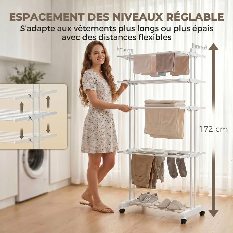 HOMCOM Séchoir à linge pliable 4 niveaux avec roulettes, étendoir linge intérieur avec ailes latérales, cadre en acier, blanc