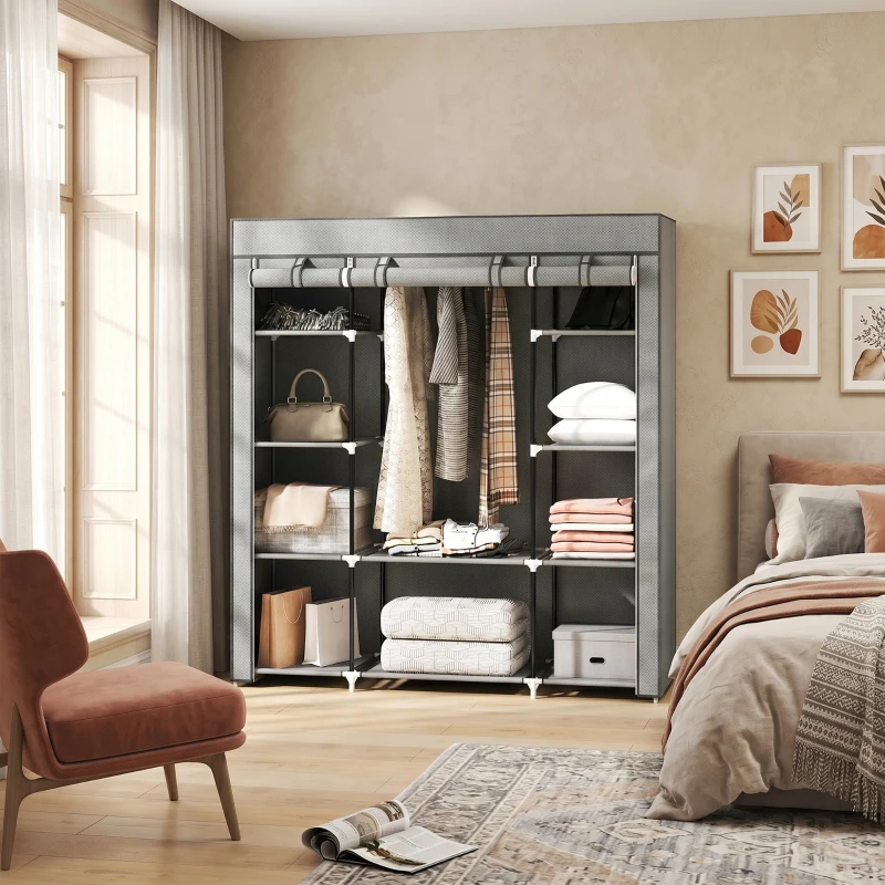 HOMCOM Armoire de rangement penderie en tissu pliable avec barre de suspension et étagères, 150 x 43 x 162,5 cm, gris clair
