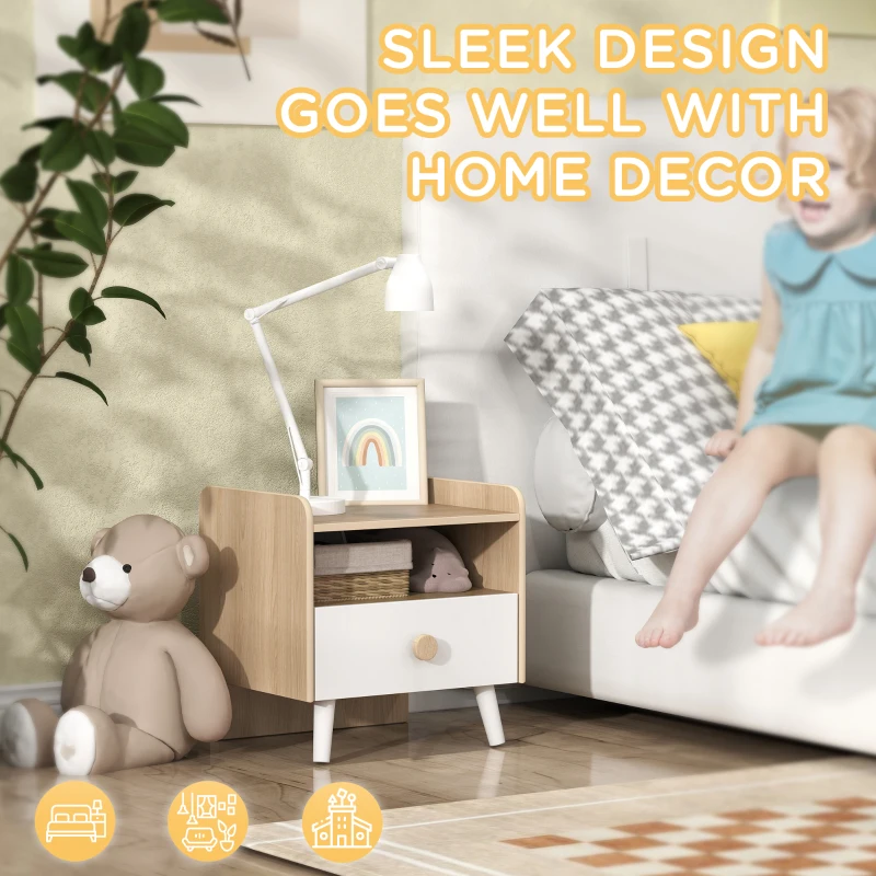 AIYAPLAY Kids Bedside Table with Drawer and Open Storage Shelf, Wooden Nightstand for Bedroom, Bedside Cabinet, White