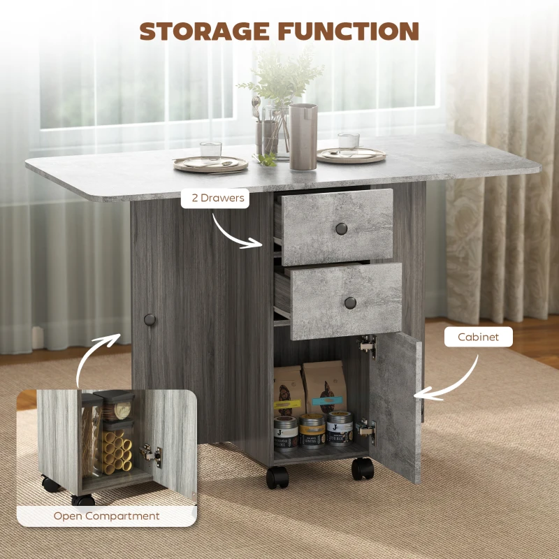 HOMCOM Multi-Storage Six-Person Drop Leaf Dining Table - Mixed Grey