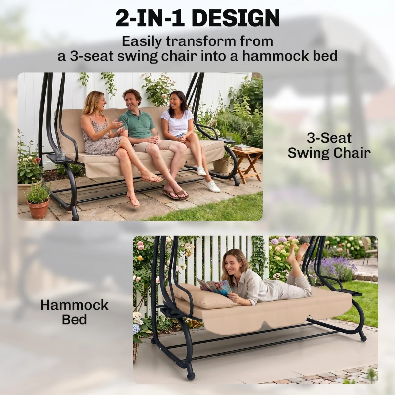 Outsunny Three-Person garden Swing Chair, with Adjustable Canopy - Light Brown
