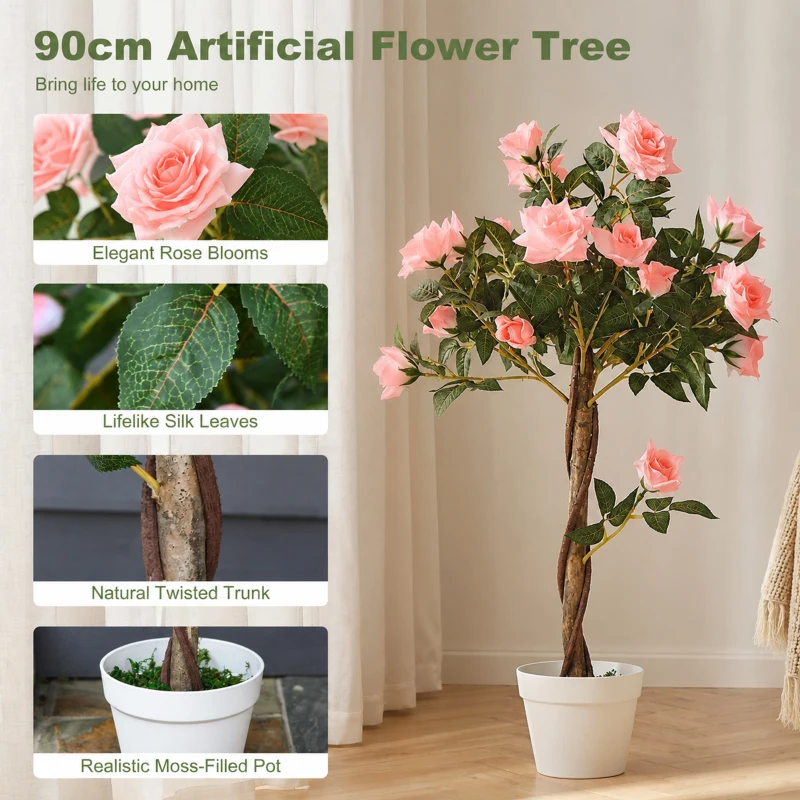 Outsunny Artificial Plants Pink Rose Floral in Pot, Fake Plants for Home Indoor Decor, 90cm