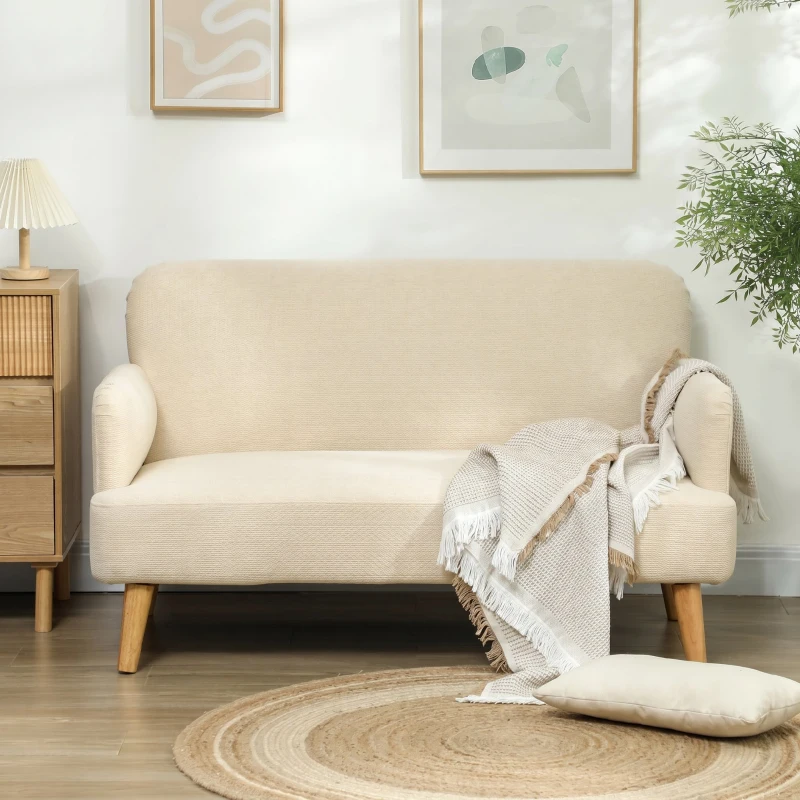 HOMCOM Sofá de 2 Plazas de 140 cm Tapizado en Terciopelo Patas de Madera de Caucho para Sala de Estar Blanco