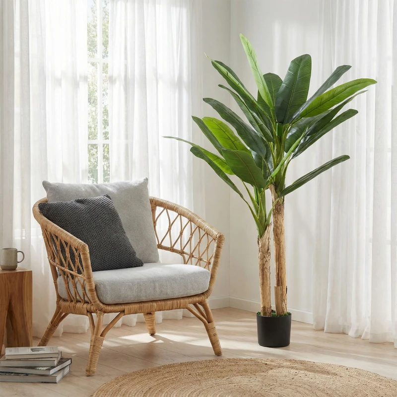 HOMCOM Árbol de Plátano Artificial 150 cm Planta Artificial Decorativa con Maceta y  2 Troncos para Hogar Oficina Salón Verde