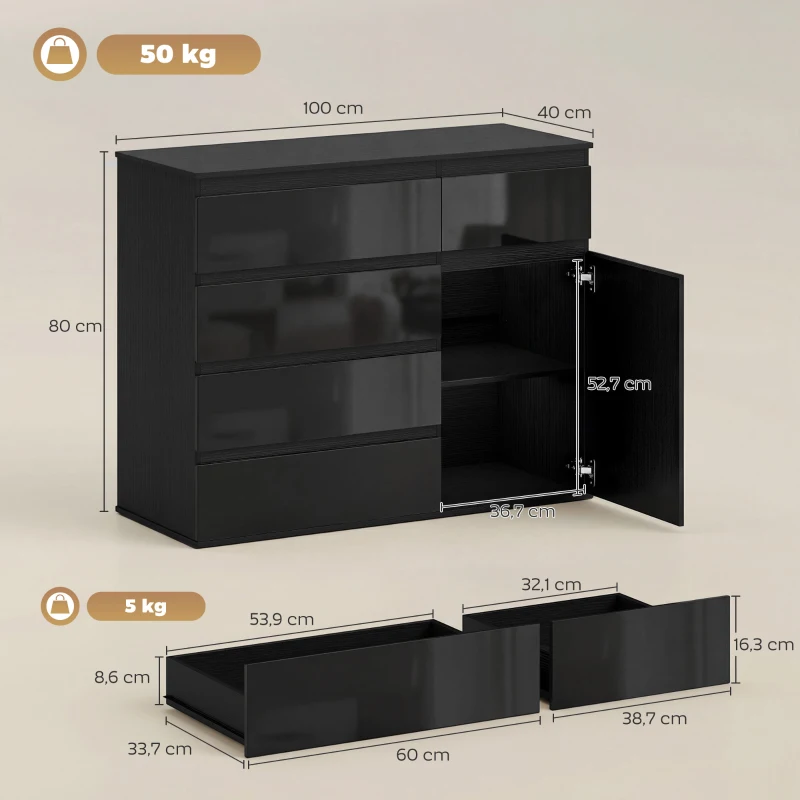 HOMCOM Modernes Sideboard, Stauraum-Sideboard mit 5 Schubladen, verstellbarem Regal, Soft-Close-Tür, Schwarz Hochglanz
