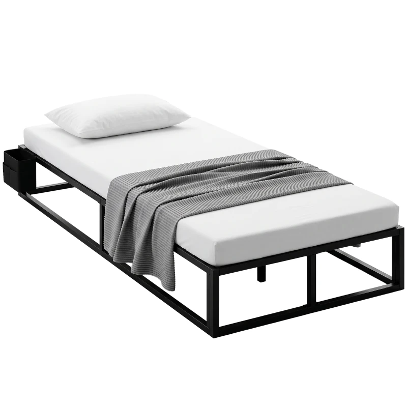HOMCOM 12 Slats Metal Platform Bed Frame, 3ft Single Bed Frame with Storage Bag and Anti-Slip Pads, Black