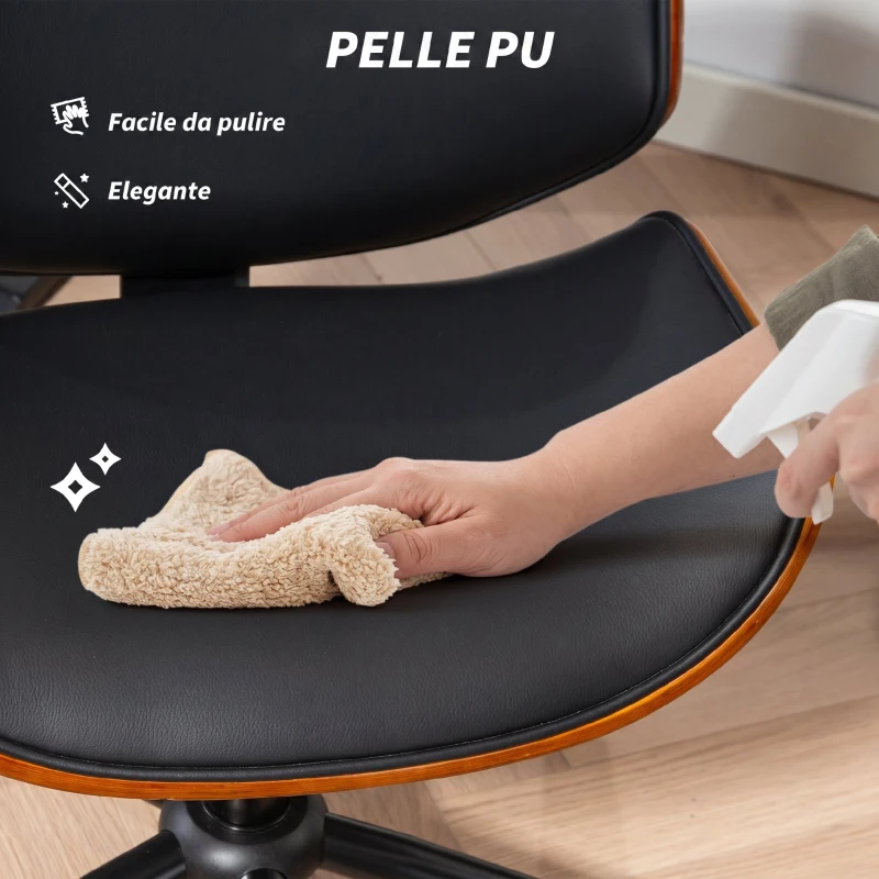 HOMCOM Sedia Scrivania Girevole in Pelle PU, Senza Braccioli con Altezza Regolabile, Stile Moderno di Metà Secolo, Nero