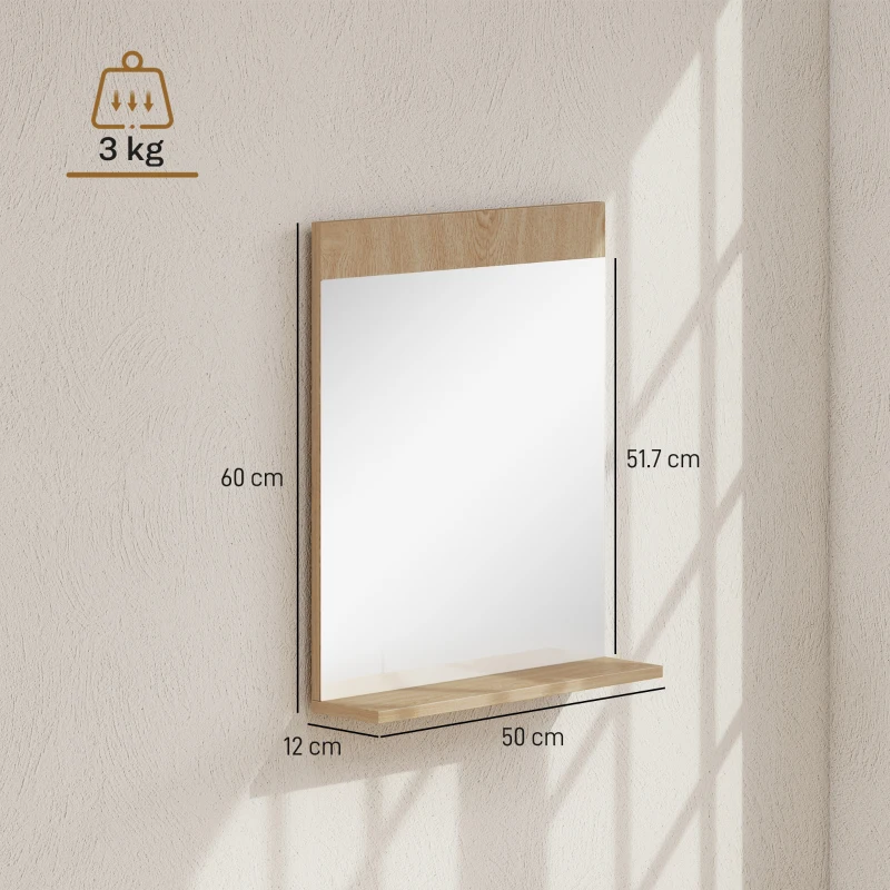 HOMCOM Oglindă de Perete pentru Baie cu Raft Deschis Oglindă pentru Intrare Hol 50x12x60 cm Stejar