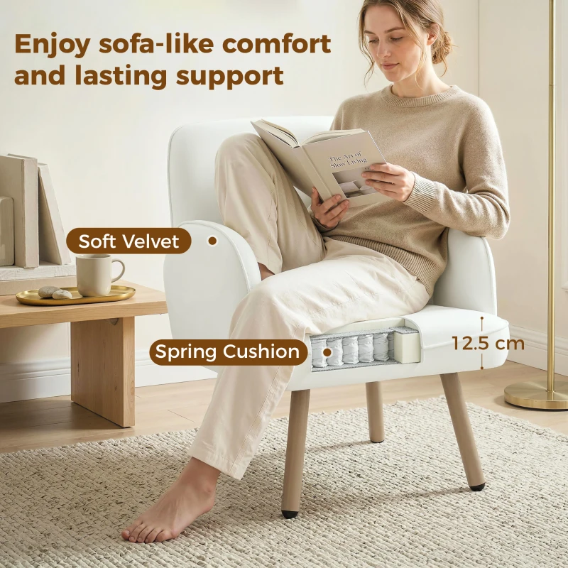 HOMCOM Lounge Chair Velvet Upholstered Armchair with Spring Cushion for Living Room Bedroom Cream White