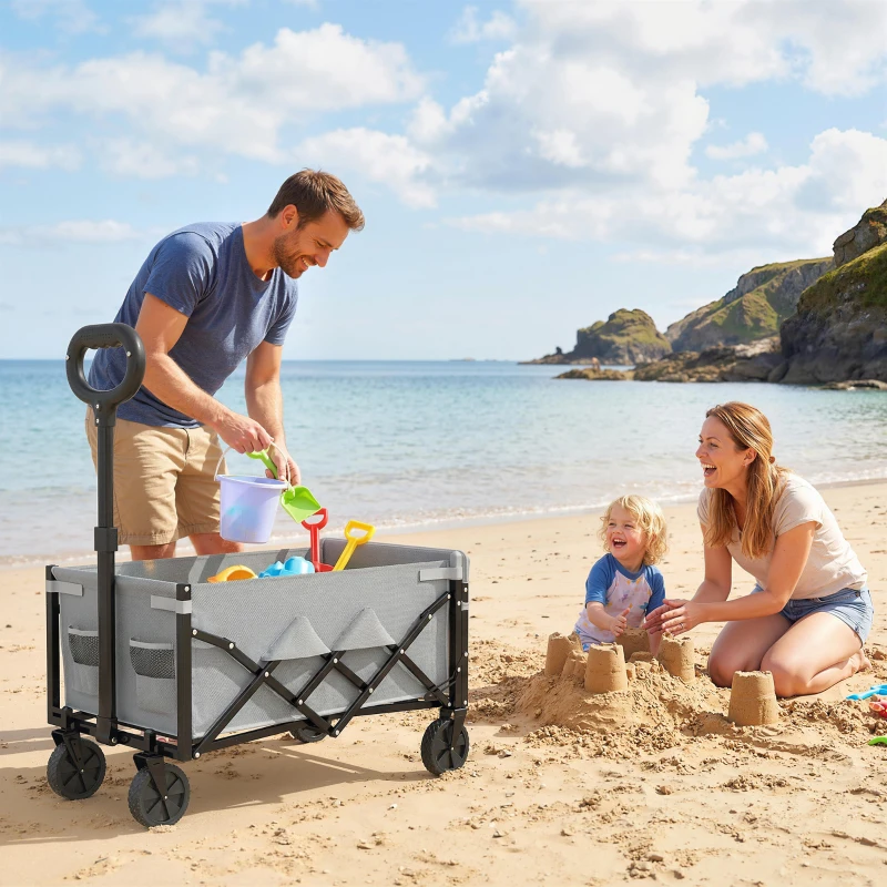 Outsunny 60L Foldable Festival Trolley on Wheels, Collapsible Wagon Cart with Drop-Down Tailgate, Adjustable Handle, Grey