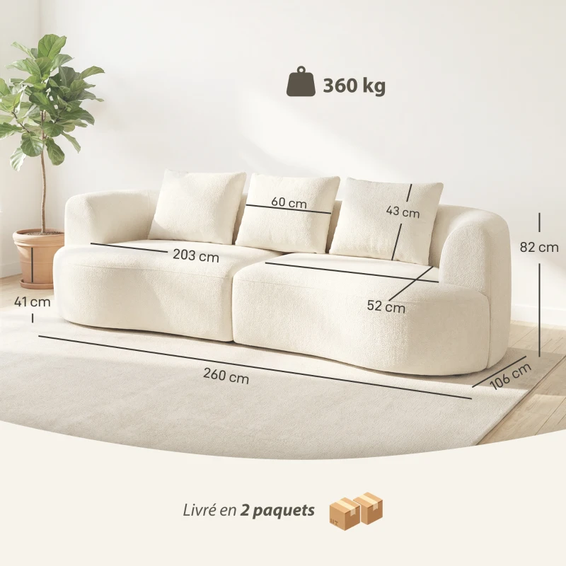HOMCOM Canapé 3 places en chenille 260 cm, canapé salon, assise large, 3 coussins, pas de montage nécessaire, crème