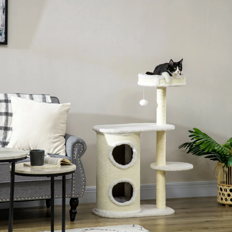 PawHut Albero Tiragraffi per Gatti Alto 100 cm con Palo Graffiatoio in Sisal, Cesto e Casetta a 2 Livelli, Crema