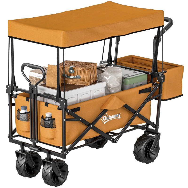 Outsunny 180L Festival Trolley on Wheels, Push & Pull Beach Cart with Removable Canopy, Wide All-Terrain Wheels, Folding Camping Trolley Cart, Adjustable Handle for Garden Fishing Shopping, Orange