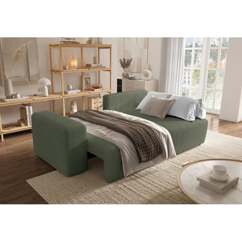 Canapé d'angle convertible réversible - 5 places - BOMBEY - Velours côtelé Vert - 264 x 162 x 85 cm