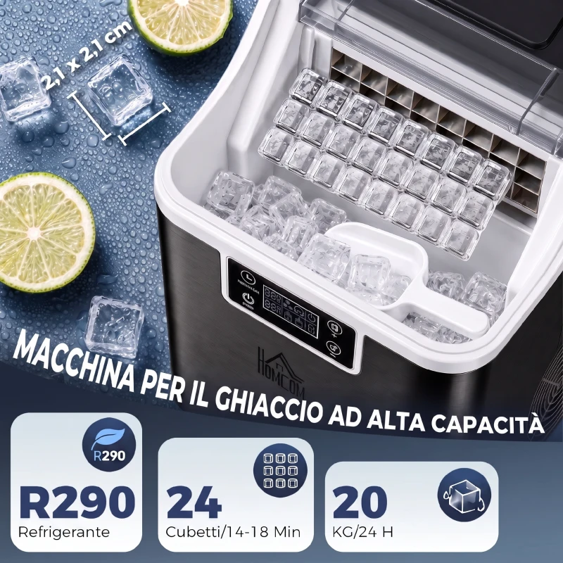 HOMCOM Macchina del Ghiaccio Autopulente da 24 Cubetti ogni 14-18 Minuti con Display LCD, 25.2x36x37.1 cm, Nero