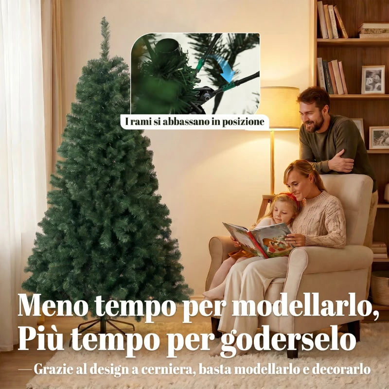 HOMCOM Albero di Natale 180 cm Artificiale con 888 Rami Ignifughi, Base in Metallo Pieghevole, Verde