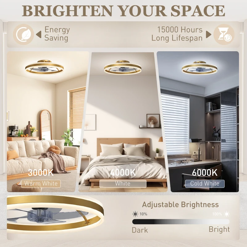 HOMCOM Ceiling Fan with Light and Remote, LED Mount Ceiling Fan with 3 Colour Temperatures, 6 Speed, 50 cm, Gold Tone