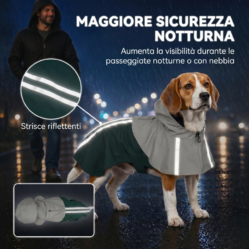 PawHut Impermeabile per Cani con Cappuccio, Foro per Guinzaglio e Strisce Riflettenti, per Cani di Taglia Media, Verde