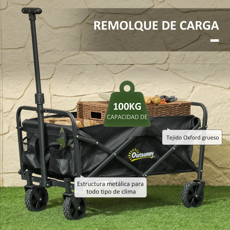 Outsunny Carro de Jardín Plegable con Ruedas Asa Telescópica Ajustable Carga 100 kg para Campaña Compra 64x42x27 cm Negro
