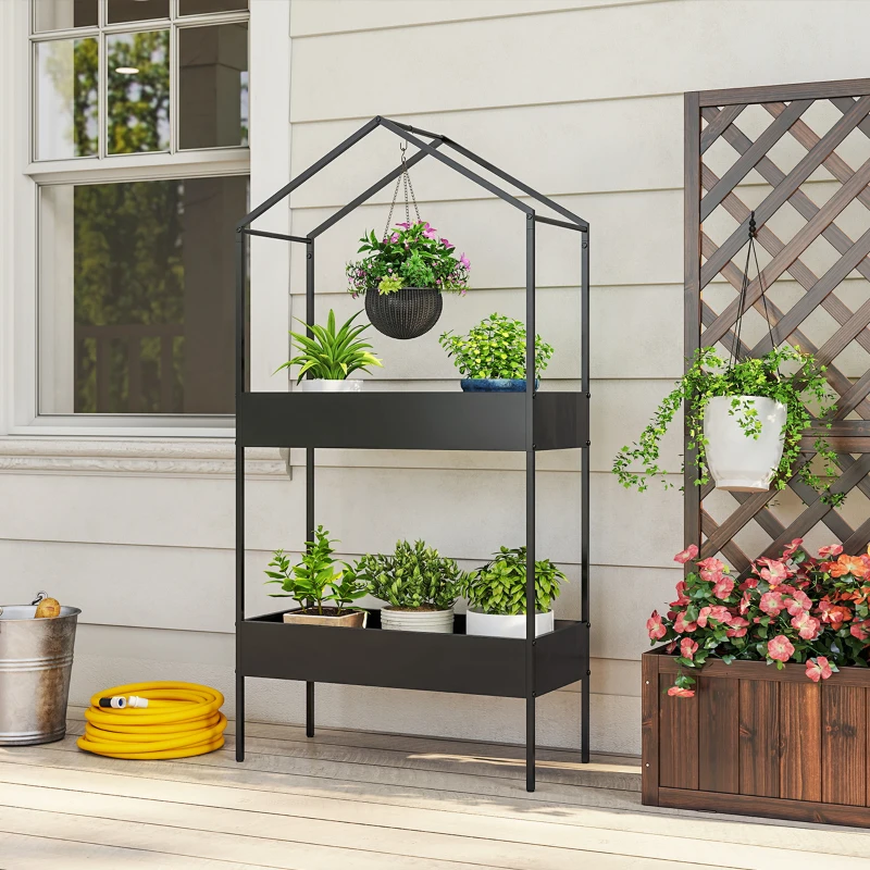 Outsunny 2 Tier Plant Stand, Outdoor Indoor Metal Plant Stand with Hook, House-Shaped Pots Holder Display Rack, Black