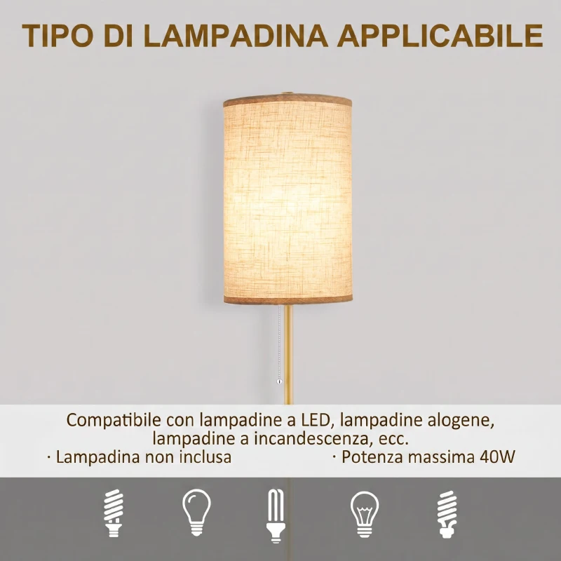 HOMCOM Lampada da Terra con Interruttore a Catena, Paralume in Lino e Base in Acciaio, Attacco E27, Oro e Crema