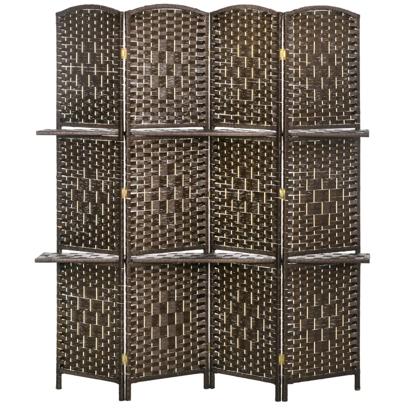 HOMCOM Biombo Separador de Ambientes 4 Paneles 160x170 cm con 2 Estantes de Exhibición Pantalla de Privacidad Plegable Marrón
