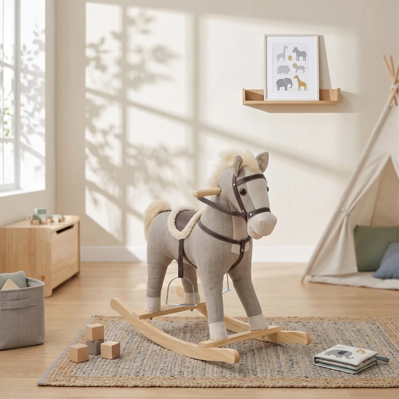 AIYAPLAY Cheval à bascule pour enfants, jouet à bascule bébé en tissu effet lin avec effets sonores et poignées de sécurité, gris