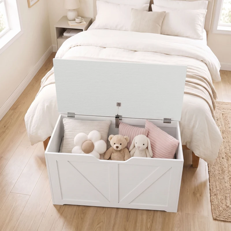 HOMCOM Coffre de rangement, banc de rangement avec couvercle rabattable et charnières de sécurité, 80 x 40 x 45 cm, blanc