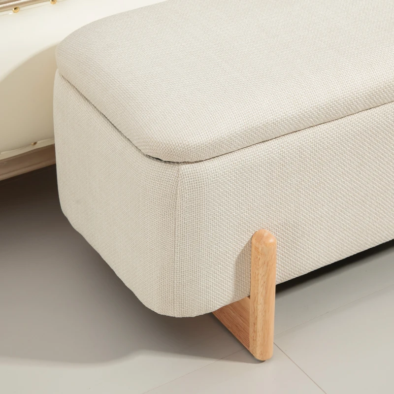 HOMCOM Banc de Rangement, Bout de Lit Rembourré, Charnières de Sécurité, Pieds Forme U en Bois d'Hévéa Stable, Crème(m-9)