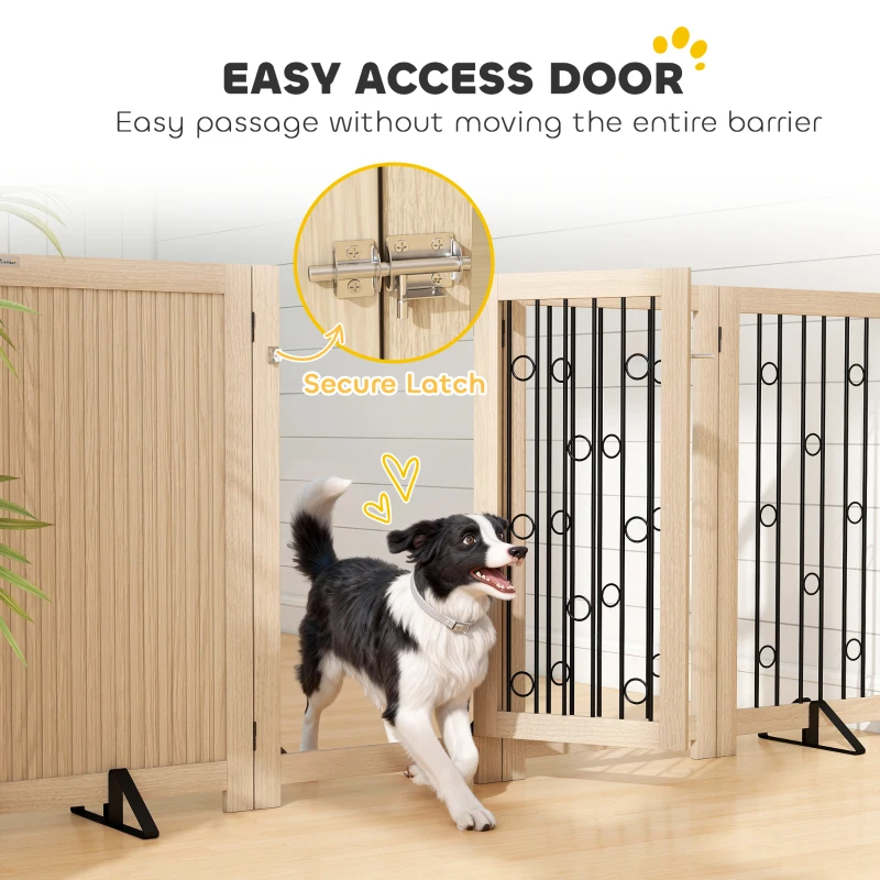 PawHut 4 Panel Freestanding Pet Gate, Indoor Dog Barrier with Lockable Door, Support Feet, 360° Flexible Hinges, Oak