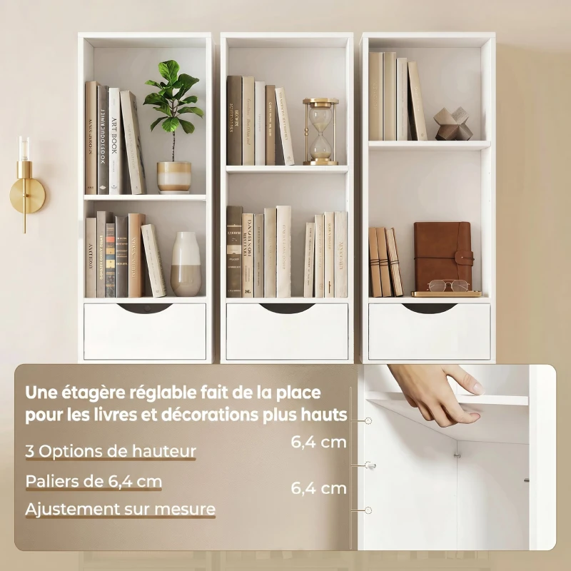 HOMCOM Bibliothèque étagère de rangement avec porte, 2 tiroirs, compartiments ouverts et étagère réglable, 30x24x158cm, blanc